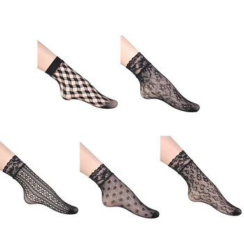 1 пара женских черных кружевных ажурных носков до щиколотки, стрейчевые открытые носки для платья для женщин, короткие чулки для девочек
