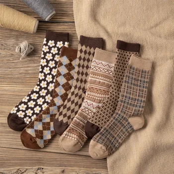 1 пара новых зимне-осенних женских носков, толстые теплые носки с геометрическим принтом, забавные носки в стиле харадзюку, кавайные носки в стиле ретро, размер 35-40