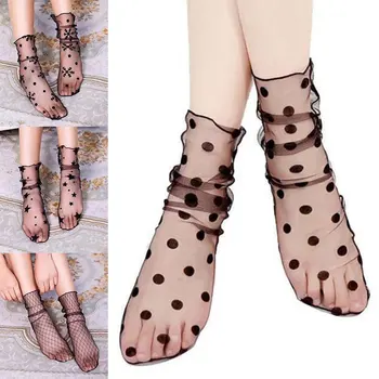 1 пара носков в сеточку с цветочным рисунком в горошек в стиле ретро, женские прозрачные носки-трубки, женские дышащие ультратонкие носки из тюля принцессы
