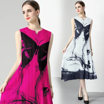 2023 Летнее плиссированное вечернее платье Miyake с принтом большой бабочки, женское элегантное вечернее платье с V-образным вырезом и коротким рукавом, женское элегантное тонкое вечернее платье