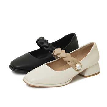 2023 Официальная обувь с квадратным носком, удобная женская обувь, туфли-лодочки на каблуке 5 см, натуральная кожа, черный/слоновая кость, белый Коллаж, обувь, которую должны иметь девушки