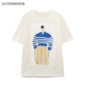 ZATRHMBM Женские летние новые футболки с модным принтом 2023, винтажный круглый вырез, Короткий рукав, повседневные женские футболки Mujer