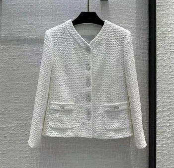 Европейская и американская женская одежда 2023, весеннее новое белое однобортное модное Твидовое пальто с длинным рукавом и V-образным вырезом