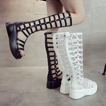 Женские летние ботинки, модные босоножки с вырезами, дышащие римские туфли в полоску, Босоножки на платформе, Дизайнерские длинные ботинки