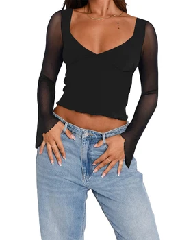 Женские Укороченные топы Slim Fit для выхода в свет, повседневная лоскутная футболка с круглым вырезом и длинным рукавом в обтяжку, базовая уличная одежда