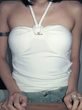Женские укороченные топы Y2K Rope Tops, Повседневная летняя женская футболка, камзол, женская однотонная повязка с открытой спиной, шикарные майки, жилет, одежда