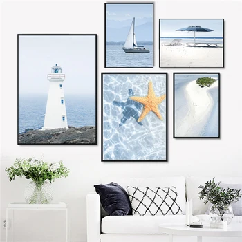 Картина на холсте с морскими пейзажами в скандинавском стиле, Голубое небо, маяк, парусный спорт в океане, настенные художественные плакаты и принты, настенные картины для декора гостиной