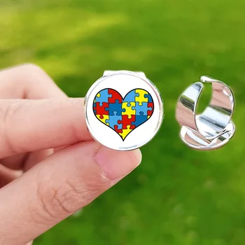 Кольца для Осознания Аутизма для Женщин В Форме Сердца Пазл Стеклянное Круглое Металлическое Кольцо Подарок На День Рождения Ювелирные Изделия