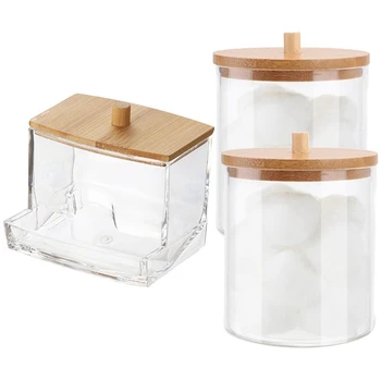 Коробка для хранения ватных тампонов с бамбуковой крышкой, контейнер для ванной комнаты, дозатор ватных шариков / тампонов, коробка для хранения баночек