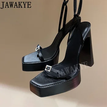Летние женские босоножки на платформе и высоком каблуке с ремешком на щиколотке, Официальная обувь для вечеринок, Черные шелковые брендовые женские сандалии