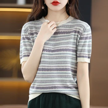 Летний Новый женский вязаный пуловер с коротким рукавом, Модная футболка контрастного цвета из 100% хлопка, Свободный повседневный топ