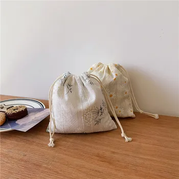 Льняная сумка на шнурке в японском стиле, сумка для хранения ювелирных изделий, Небольшая подарочная упаковка, женские сумки с цветочным узором, Косметические сумки для монет, Новинка