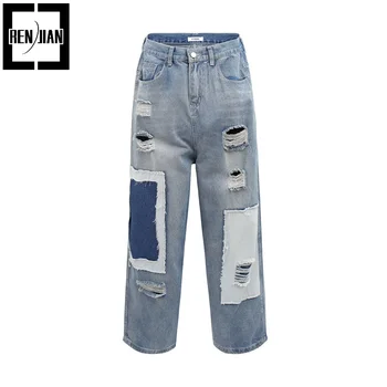 Модные джинсовые брюки с заплатками, уличная одежда, рваные джинсовые брюки свободного кроя, низ в стиле Vibe.