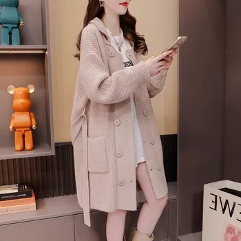 Осенне-зимний женский свитер-пальто средней длины, утолщенный, Новый корейский стиль, вязаный кардиган на шнуровке с V-образным вырезом в ленивом стиле, Tide
