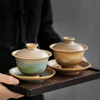 Печь ручной работы с крышкой, чаша для чая Sancai, большая чайная чашка с крышкой, креативный чайный сервиз в стиле ретро, чайная церемония