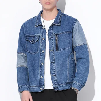 Приятная модная джинсовая куртка в стиле пэчворк, мужская повседневная свободная синяя куртка-карго, мужская куртка Japan Street Denim Jacket Outdoor Brand