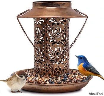 Светильник-кормушка для птиц на солнечной энергии, водонепроницаемый светильник на солнечной энергии, подвесной бронзовый металлический поднос, фонарь для украшения деревьев в саду на открытом воздухе