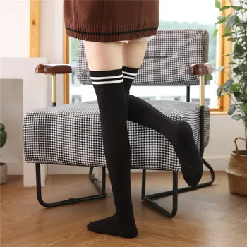Студенческие носки выше колена, хлопковые женские чулки с двойной иглой, вертикальная полоса, две полоски, японский стиль