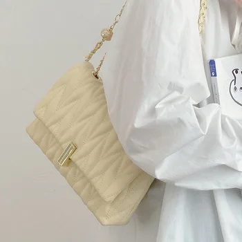 Сумка с корейской текстурой, женская сумка на цепочке Lingge, универсальная и простая сумка на одно плечо, сумка подмышками, наклонная сумка кремово-желтого цвета