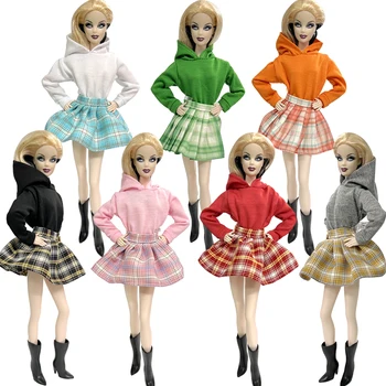 Толстовка для кукольной одежды NK 29 см, короткая для нарядов Барби, аксессуары для кукол 1/6, Однотонный Свободный свитер с капюшоном, юбка JJ