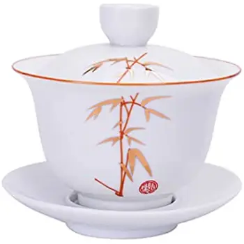 Фарфоровая Чайная чашка Gaiwan 8 унций, Белая Глазированная Супница, Китайская миска Sancai, Набор блюдец для губ (Бамбук) 240 мл