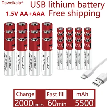 AA + AAA 2021 новый литий-ионный аккумулятор большой емкости 5500 мАч, литий-ионный аккумулятор AA 1,5 В с быстрой зарядкой через USB