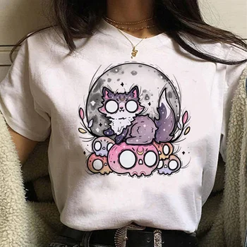 Женская футболка с принтом кота, японские забавные футболки Y2K, женская одежда с графикой манги
