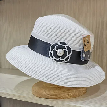 Летние шляпы с черным цветком для женщин, женская солнцезащитная шляпа с широкими полями, черная шляпа с белой лентой, свадебная шляпа в стиле дерби для церковной вечеринки, фетровая шляпа-букет