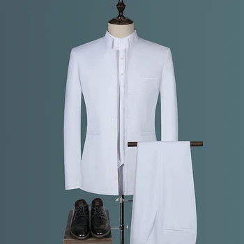 Пиджак, жилет, брючный костюм, комплект из трех предметов / Мужской костюм в китайском стиле со стоячим воротником, приталенный крой, простое однотонное платье, блейзер, пальто, брюки