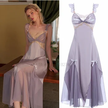 Фиолетовое ночное платье, женское нижнее белье, 2023 Новая кружевная атласная ночная рубашка, сексуальная ночная рубашка с открытой спиной, глубокий V-образный вырез, перспективная ночная одежда