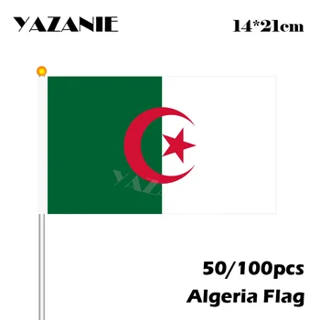 ЯЗАНИ 14*21 см 50/100 шт Флаг Алжира С Малой Волной Бесплатная Доставка, Размахивающий Рукой Флаг, Дополнительный Национальный Флаг с Пластиковым Флагштоком